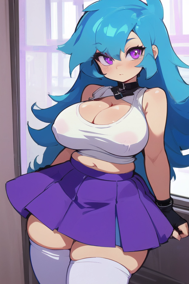 ai_generated bangs big_breasts black_fingerless_gloves blue_hair blush crop_top curvy curvy_figure fingerless_gloves friday_night_funkin friday_night_funkin_mod indoors long_hair looking_at_viewer pixai purple_eyes purple_skirt sidelocks skirt skyblue skyblue_(friday_night_funkin) thick_thighs white_shirt white_thighhighs