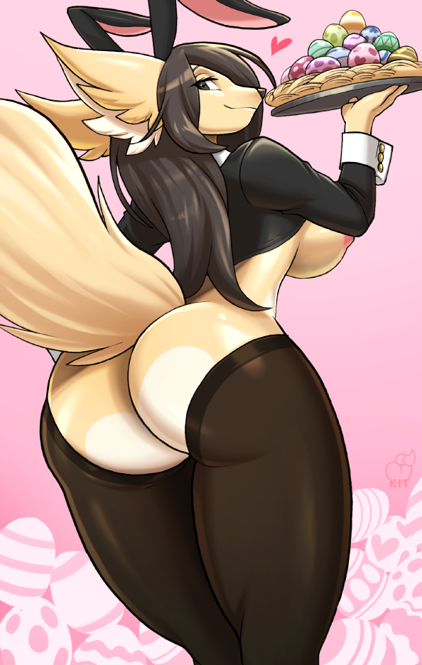 ass black_hair blonde_fur breasts bunnysuit female furry kittell_(artist) nipples thick_ass thick_thighs