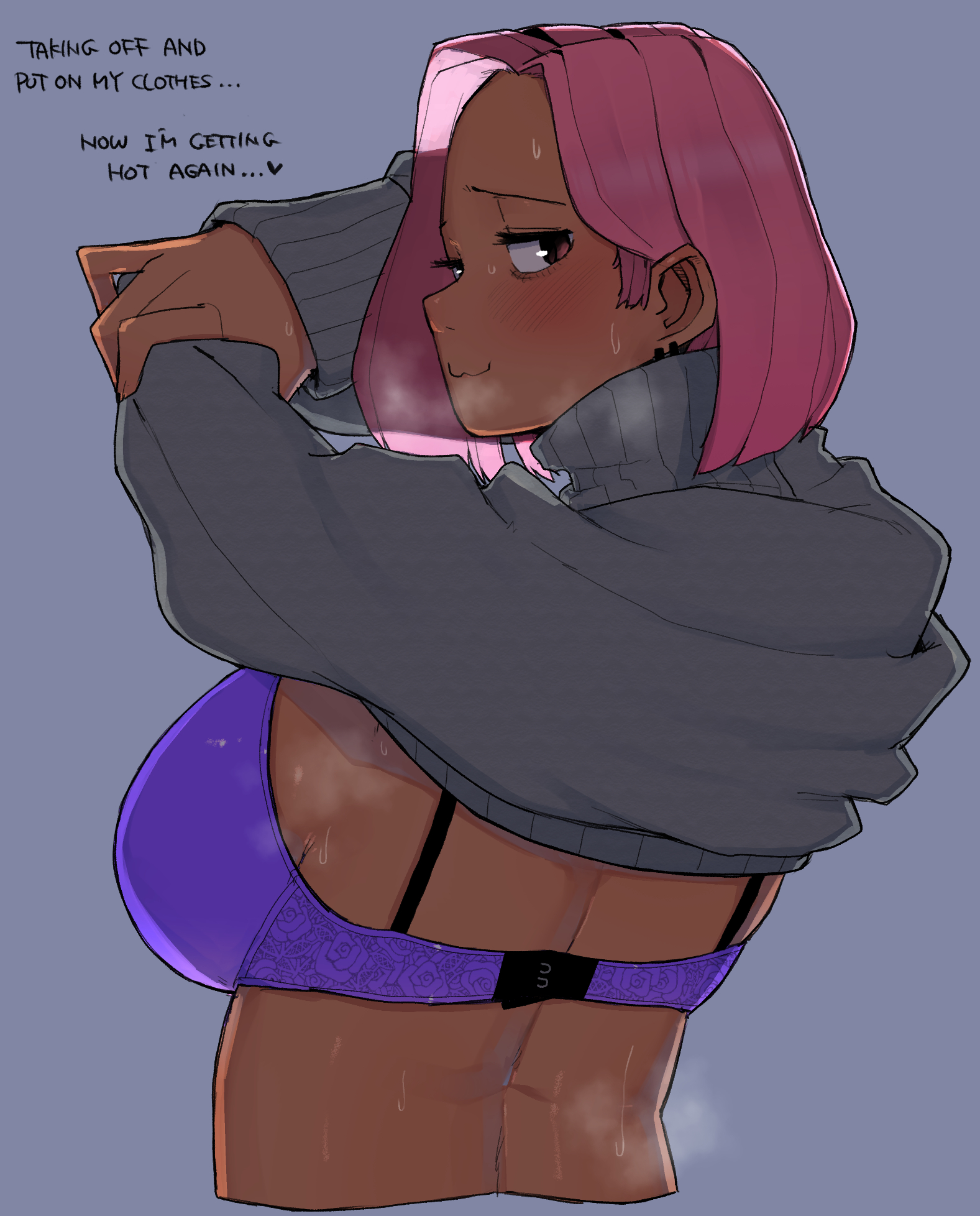 1girls, big breasts, blush, bra, breasts, dark skin, dark-skinned female, english text, female, female only, looking at viewer, musk clouds, ohasi, ohasiart, original, original character, pink (ohasi), pink hair, plump, short hair, simple background, solo, solo female, steam, tagme, thick, white background