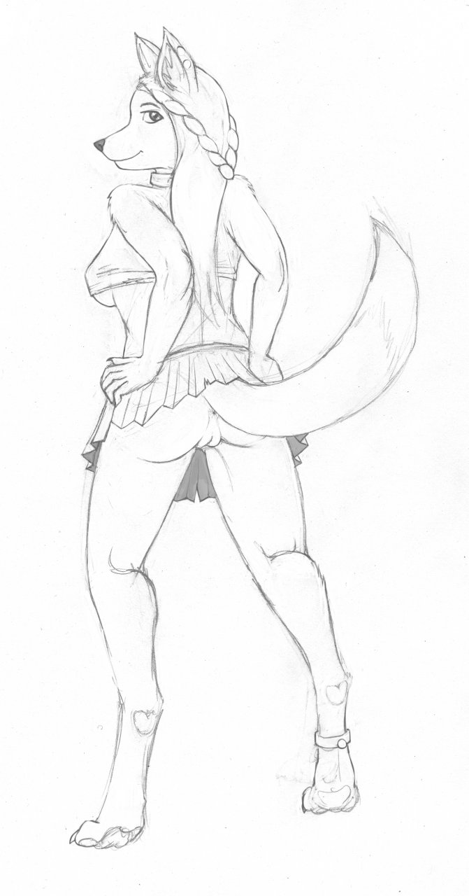 2011 anthro anus canine clothing collar emikochan female fur furry looking_back no_panties presenting pussy sketch skirt solo upskirt wolf