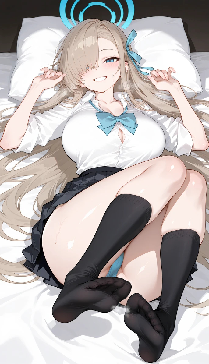ai generated, asuna (blue archive), bare thighs, blonde hair, blue archive, blue eyes, blush, breasts, female, gigantic breasts, gyaru, hair between eyes, huge breasts, huge thighs, light skin, light-skinned female, long hair, looking at viewer, mako (artist), massive breasts, panties, pantyhose, school uniform, schoolgirl, smiling, socks, solo female, squatting, sweat, sweatdrop, thick body, thick female, thick thighs, thighhighs, thighs, voluptuous, voluptuous female