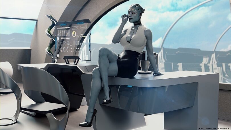 1girls 3d 3d_(artwork) alien alien_girl artist_name asari big_breasts blue-skinned_female blue_body blue_skin cleavage female female_only high_heels looking_at_viewer major_guardian mass_effect mass_effect_2 pencil_skirt samara secretary solo solo_female