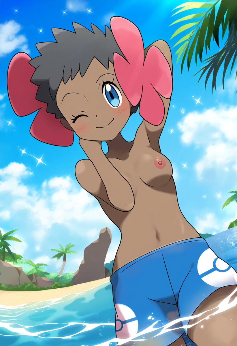 ai_generated beach breasts phoebe_(pokemon) pokemon smile swim_trunks topless