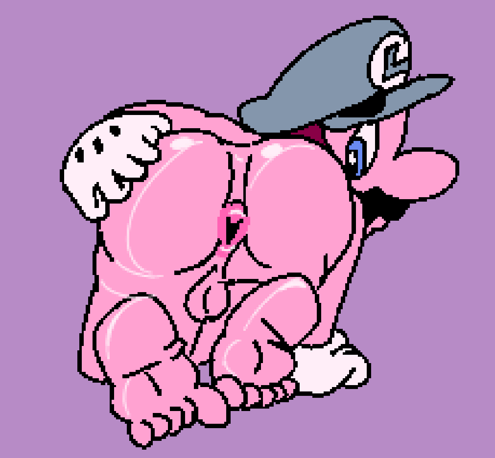 anus ass ass_focus balls enterman feet human looking_at_viewer looking_back luigi male male_focus male_only mario_(series) presenting presenting_anus presenting_hindquarters purple_background shiny_skin toony white_gloves