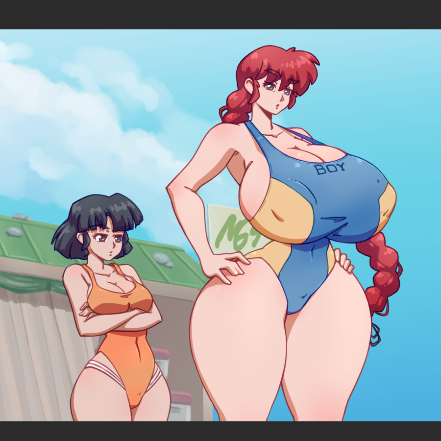 2girls akane_tendo alternate_breast_size amazon beach canon_genderswap female female_only genderswap genderswap_(mtf) gigantic_breasts huge_ass huge_breasts massive_breasts multiple_girls n647 ranma-chan ranma_1/2 ranma_saotome red_hair size_difference swimsuit swimsuits thick_thighs wide_hips