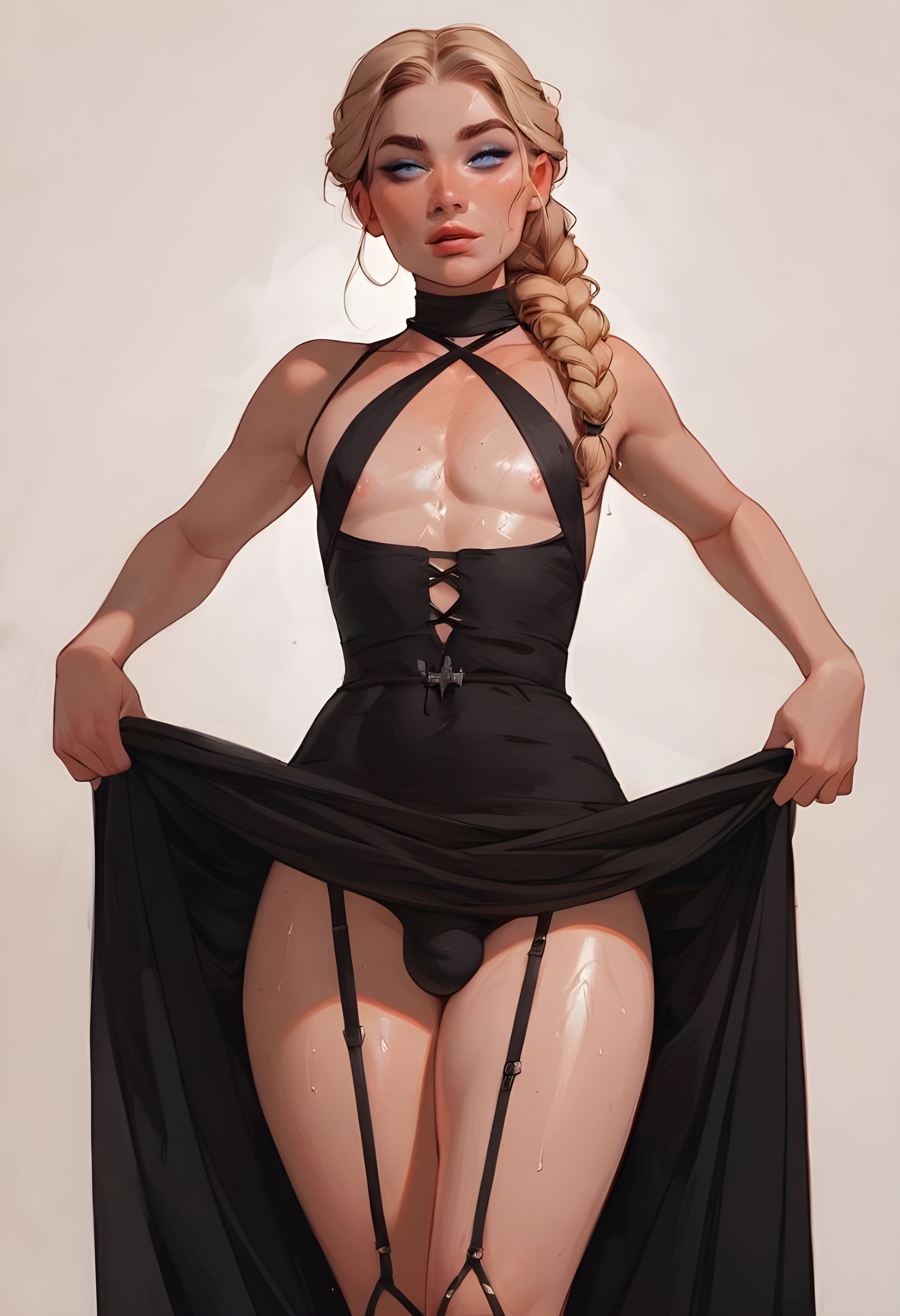 1boy, 1femboy, ai generated, black dress, blonde, blonde hair, blonde male, blonde-haired male, crossdressing, dress, female, female penetrated, femboy, feminine, flat chest, garter straps, male, otoko no ko, sissy, skirt lift, trap, yaoi, zenit2