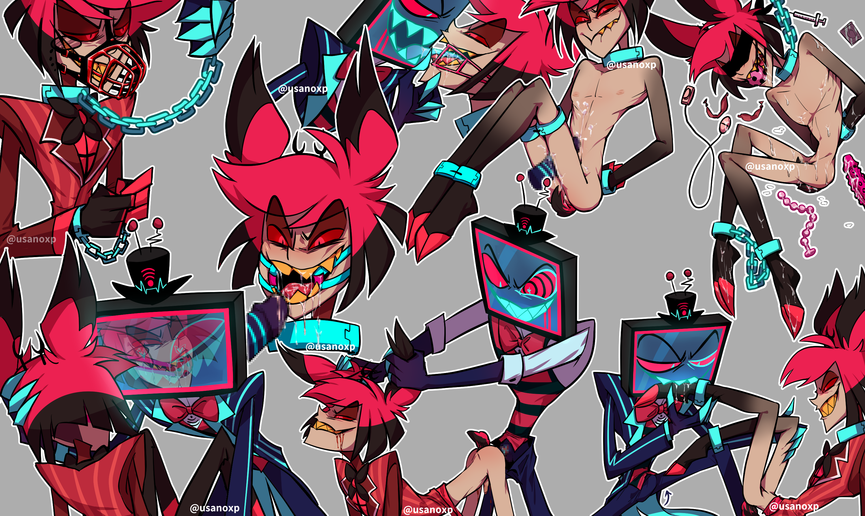 2024, 2d, alastor (hazbin hotel), antlers, artist request, bondage, deer, demon, demon boy, gay, hazbin hotel, humanoid, male, penis, vox (hazbin hotel)