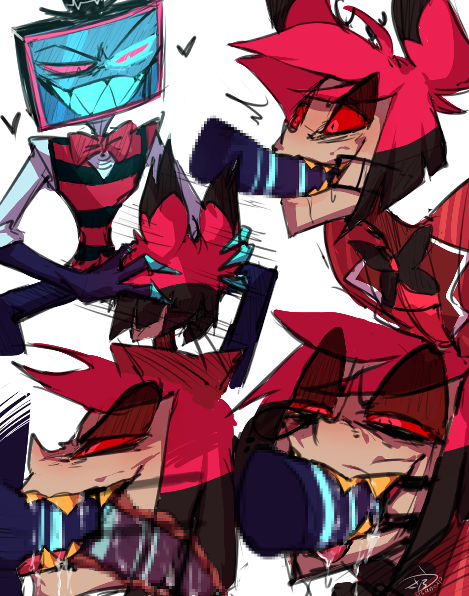 2024, 2d, alastor (hazbin hotel), antlers, artist request, bondage, deer, demon, demon boy, hazbin hotel, humanoid, male, penis, vox (hazbin hotel), yaoi