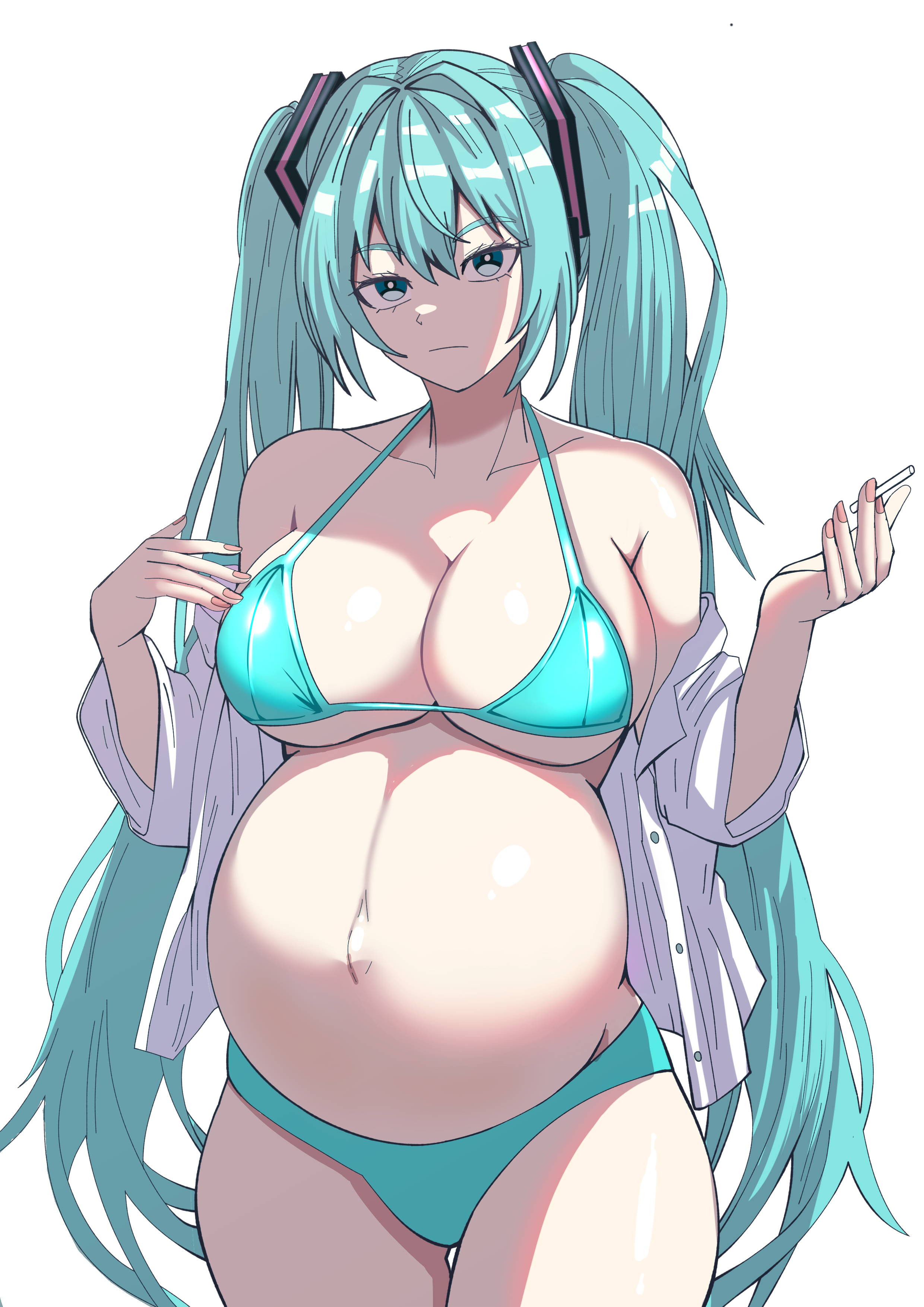 1girl, 1girls, aqua eyes, aqua hair, belly, big belly, big breasts, bikini, blue hair, breasts, cigarette, cleavage, cowboy shot, female, frown, hatsune miku, large breasts, long hair, looking at viewer, navel, open clothes, open shirt, pregnant, pregnant female, shirt, simple background, smoking, solo, striped bikini, swimsuit, twintails, very long hair, vocaloid, white background, yuhancyan