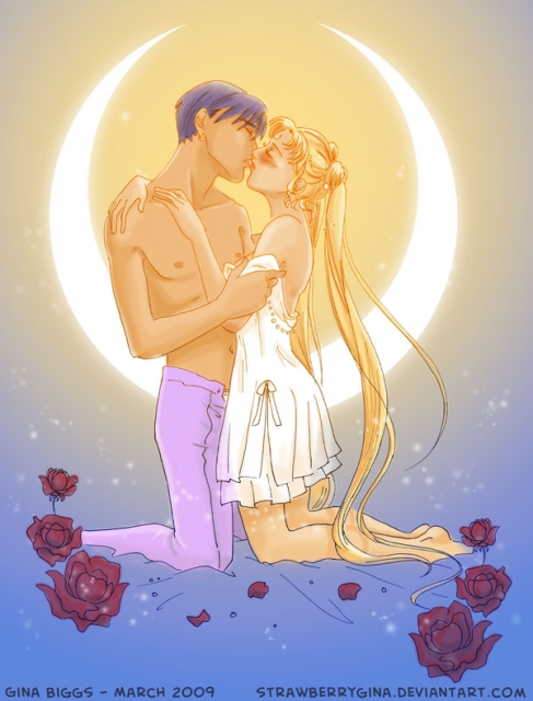 1boy 1girls 2009 bishoujo_senshi_sailor_moon blonde_hair blush closed_eyes clothing dress female kissing male male/female mamoru_chiba nightgown pajamas prince_endymion princess_serenity shirtless smooth_skin strawberry_tartlette undressing usagi_tsukino