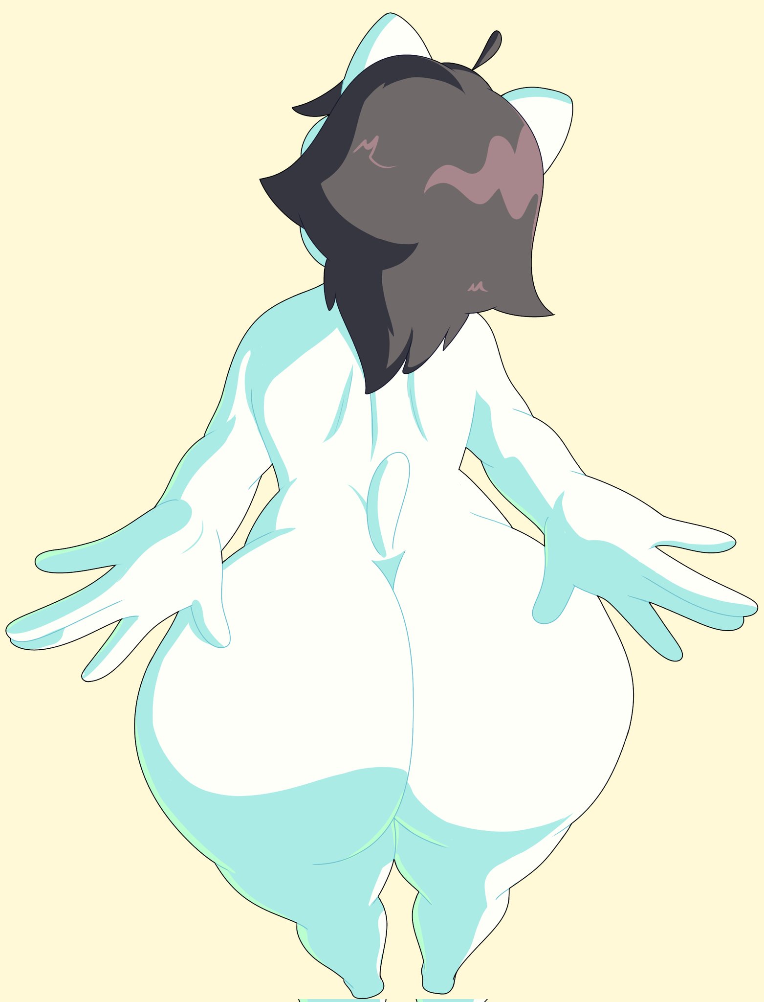 1girls, 5 fingers, anthro, ass, barefoot, big ass, big butt, black hair, canid, canine, completely nude, felid, feline, female, female only, fingers, full body, furry, hair, hi res, mammal, naked, naked female, nude, nude female, rear view, solo, solo female, tail, tem, temmie (undertale), thick thighs, undertale, undertale (series), vanillabeangoat, white body
