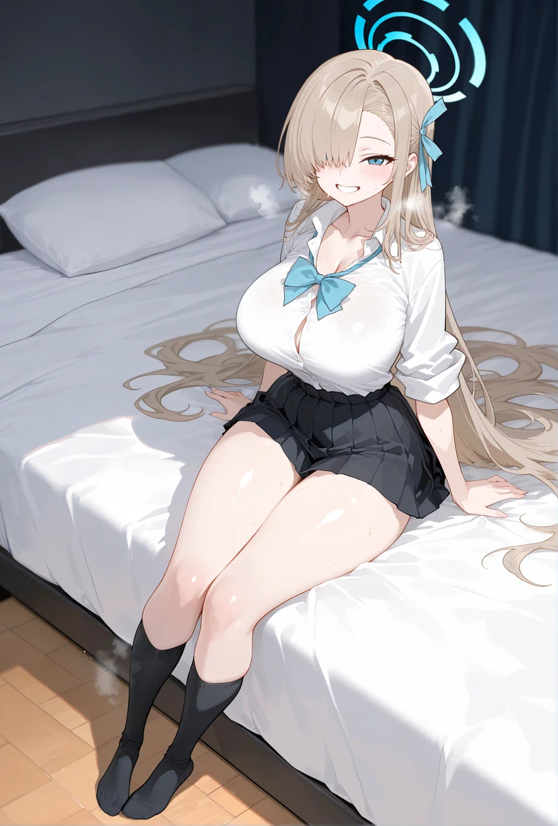 ai_generated asuna_(blue_archive) bare_thighs blonde_hair blue_archive blue_eyes blush gigantic_breasts gyaru hair_over_one_eye huge_breasts huge_thighs light-skinned_female light_skin long_hair looking_at_viewer mako_(artist) massive_breasts school_uniform schoolgirl smiling solo_female squatting sweat sweatdrop thick_body thick_female thick_thighs thighs voluptuous voluptuous_female