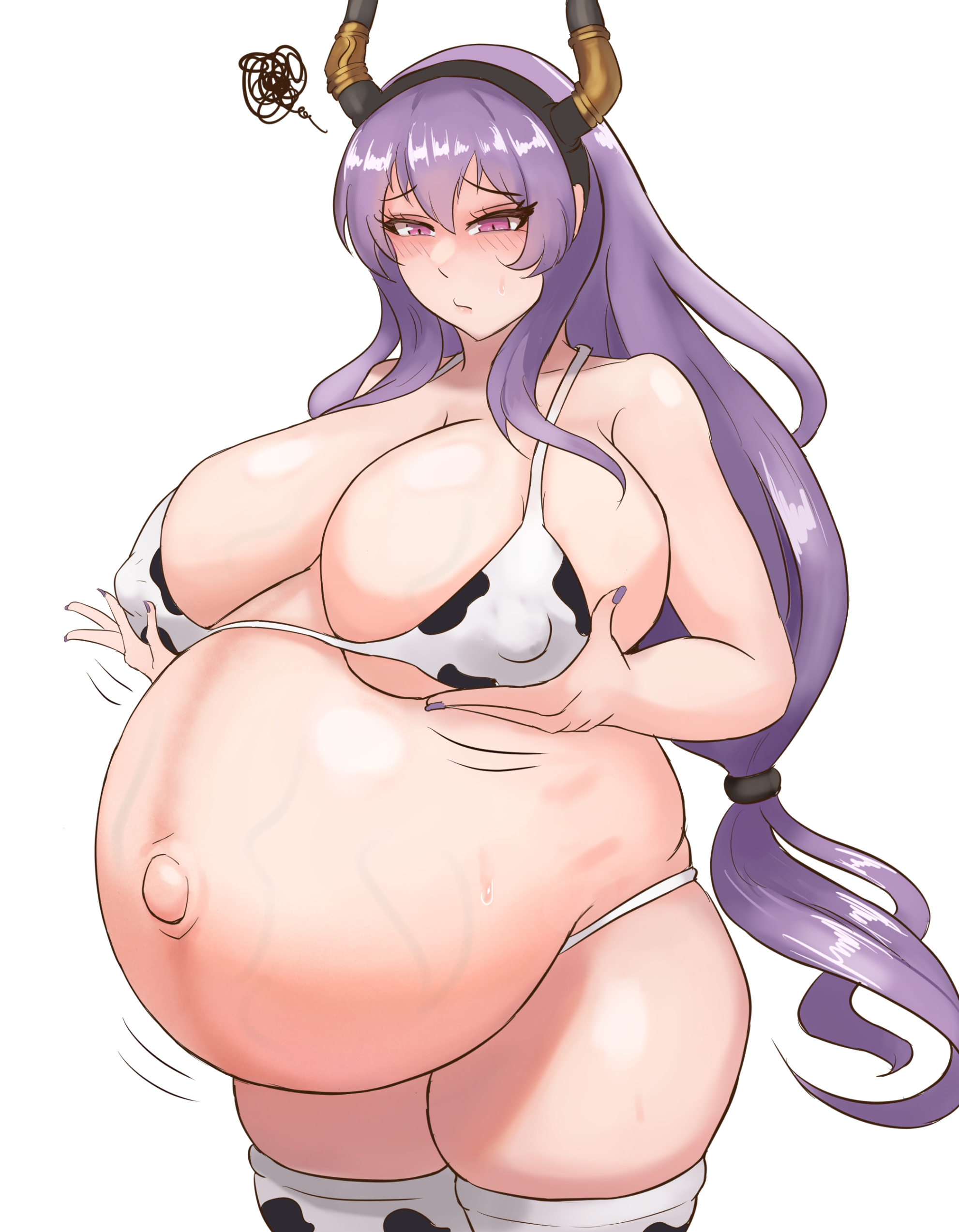 1girls, arknights, big belly, big breasts, bloated belly, botsu, breasts, cow print bikini, female, horn, huge belly, huge breasts, large breasts, long hair, long sleeves, pink eyes, pregnant, pregnant female, purple hair, solo, swimsuit, thighs, typhon (arknights), white background
