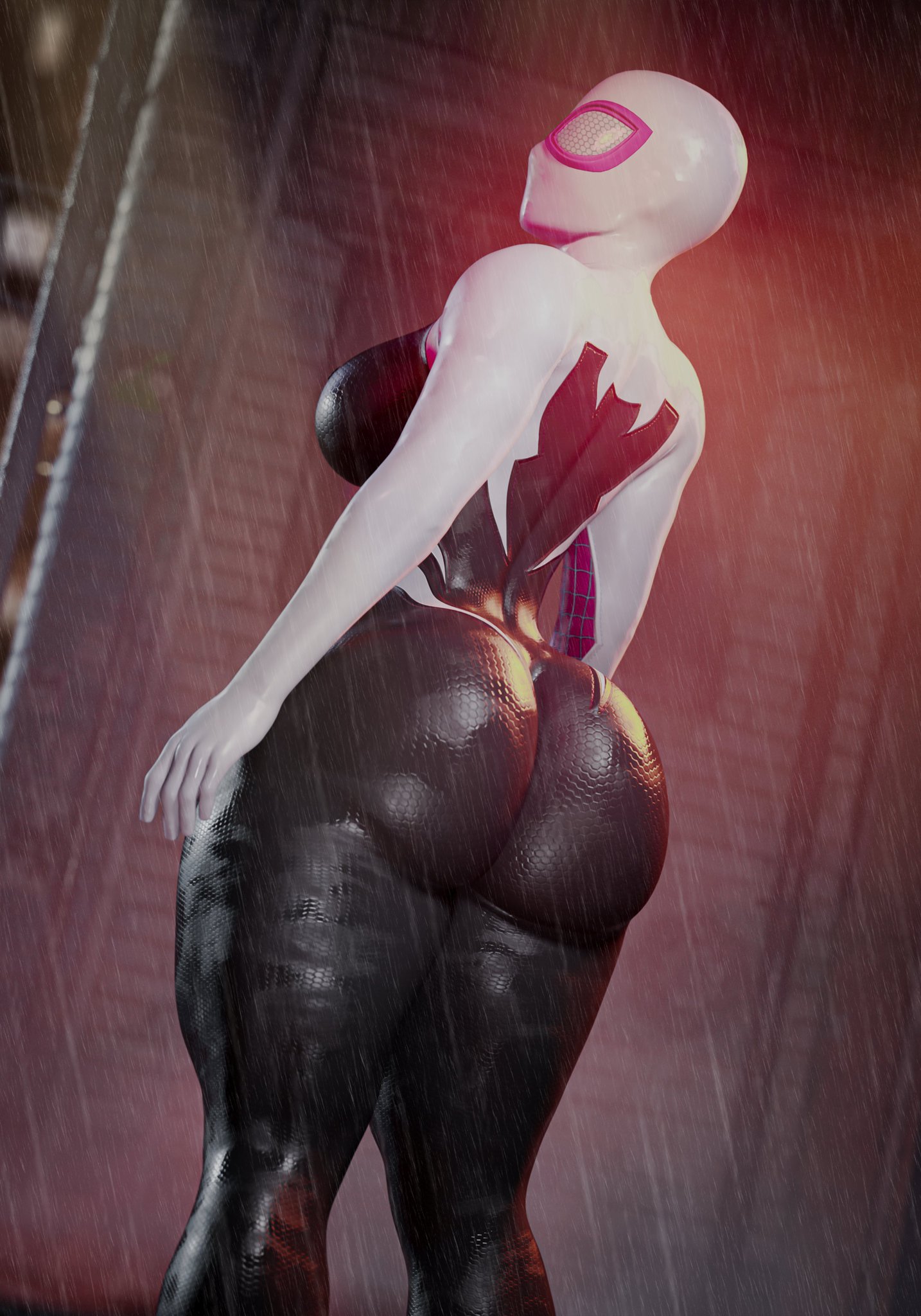 1girls, 3d, ass, audrix, big ass, big butt, breasts, clothed, clothed female, costume, fat ass, female, female only, from behind, from behind position, gwen stacy, heroine, human, human only, marvel, marvel comics, rain, spider-gwen, spider-man (series), superhero, superhero costume, superheroine, thick thighs, thighs