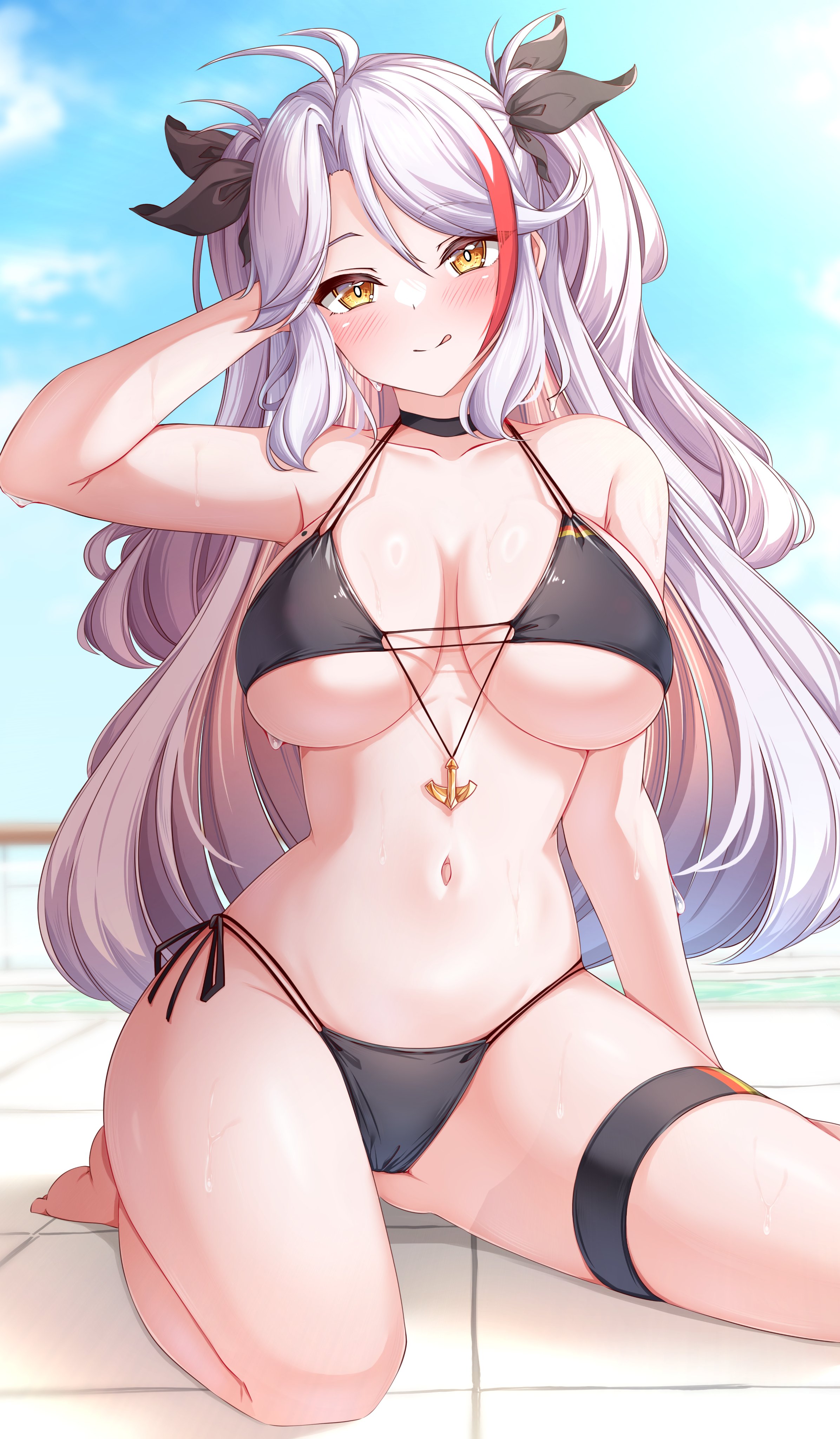 :q, 1girls, absurdres, antenna hair, arm behind head, arm up, azur lane, bare arms, bare legs, bare shoulders, barefoot, bikini, black bikini, black choker, black ribbon, blue sky, blush, breasts, brown eyes, choker, cloud, collarbone, day, female, flag bikini, german flag bikini, grey hair, groin, hair between eyes, hair ribbon, head tilt, highres, iron blood (azur lane), large breasts, light skin, light-skinned female, long hair, looking at viewer, mole, mole on breast, moyoron, multicolored hair, navel, outdoors, parted bangs, prinz eugen (azur lane), prinz eugen (unfading smile) (azur lane), red hair, ribbon, side-tie bikini, sky, solo, streaked hair, swimsuit, thigh strap, tongue, tongue out, two side up, very long hair, wet