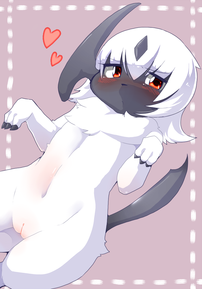 2011 absol blush female furry heart looking_at_viewer nintendo nude pokemon pokemon_(species) pussy raijin_(artist) red_eyes solo