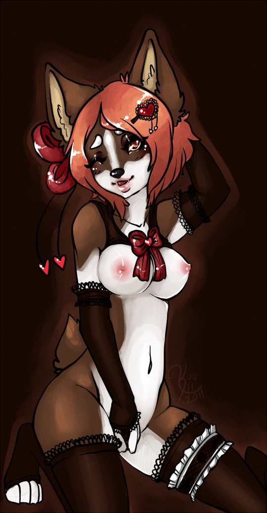 anthro bottomless brown_background canine corgi fangs female fur furry hiddenwolf kneeling looking_at_viewer masturbation one_closed_eye plain_background red_hair seductive skimpy solo