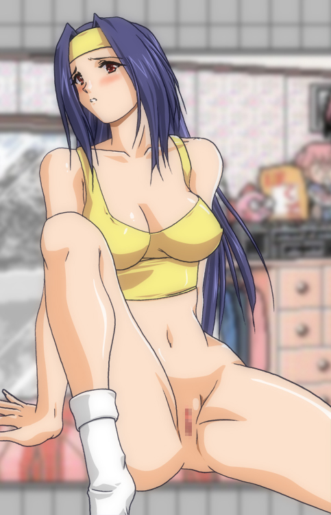 1girls asahina_natsuki blue_hair blush bottomless breasts censored cleavage female female_only hang_on_(circle) headband human long_hair navel pussy red_eyes sitting solo super_real_mahjong super_real_mahjong_p7