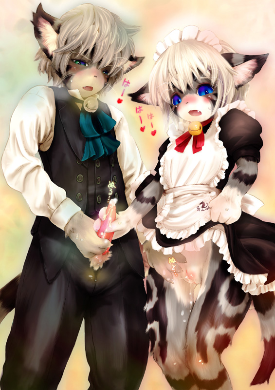 1boy 1girls anthro bell blue_eyes clothed clothing collar cum feline female fur furry hair handjob japanese_text karin maid maid_uniform male markings pants pussy pussy_juice ribbons shirt skirt_lift standing straight tetetor-oort white_hair