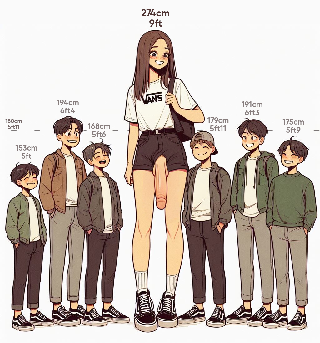 ai_generated balls big_penis blush brown_eyes brown_hair futa_is_bigger futadom futanari height height_chart height_difference larger_futanari light-skinned_futanari light_skin long_penis penis shorts size_difference smaller_male smile smiling smiling_at_viewer sneakers spalela tall vans white_background white_socks