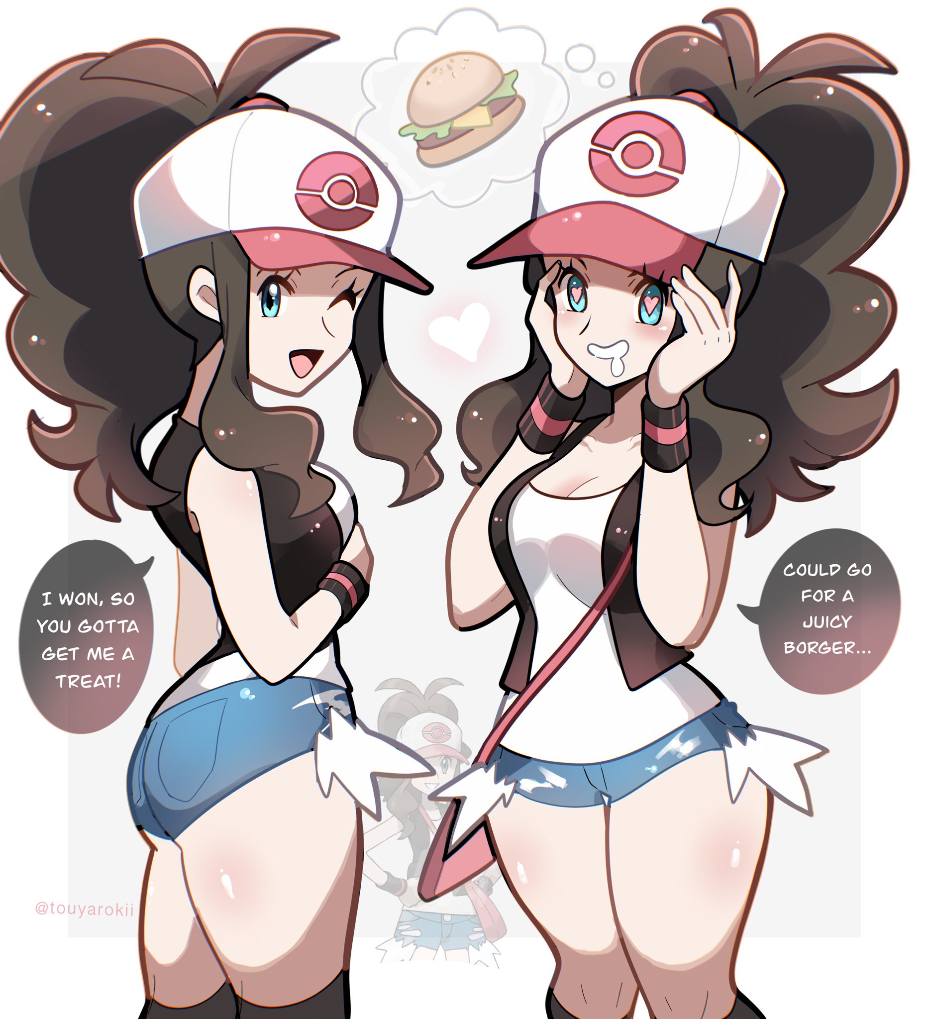 1girls, ass, black vest, blue eyes, blush, breasts, brown hair, burger, cutoffs, denim, denim shorts, exposed pocket, female, female only, food, hat, high ponytail, highres, hilda (pokemon), long hair, looking at viewer, nintendo, one eye closed, open clothes, open mouth, open vest, pokemon, pokemon bw, ponytail, saliva, shiny skin, shirt, short shorts, shorts, sidelocks, smile, solo, teeth, touyarokii, vest, white shirt, wristband