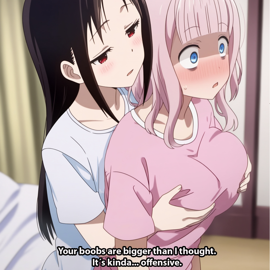 2girls big_breasts blue_eyes breast_grab breasts_bigger_than_head enormous_breasts fujiwara_chika kaguya-sama_wa_kokurasetai_~tensai-tachi_no_renai_zunousen~ long_hair pink_hair red_eyes shinomiya_kaguya vaamos yuri yuri