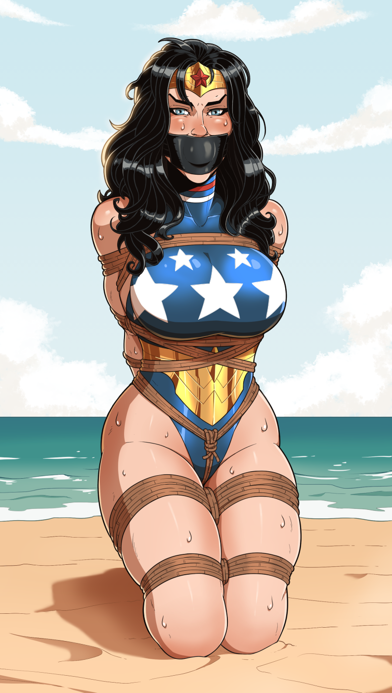 beach black_hair bondage bound crotch_rope female female_only femsub fully_clothed gag gagged outdoors png rope sand skelebomb tight_clothing water wonder_woman