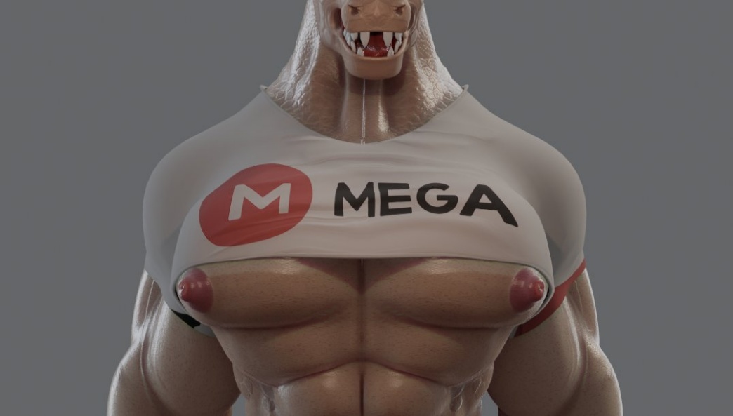 1boy abs artist_request bara clothes_writing facial_hair grey_background male male_focus muscles muscular muscular_male nipples pectorals solo upper_body