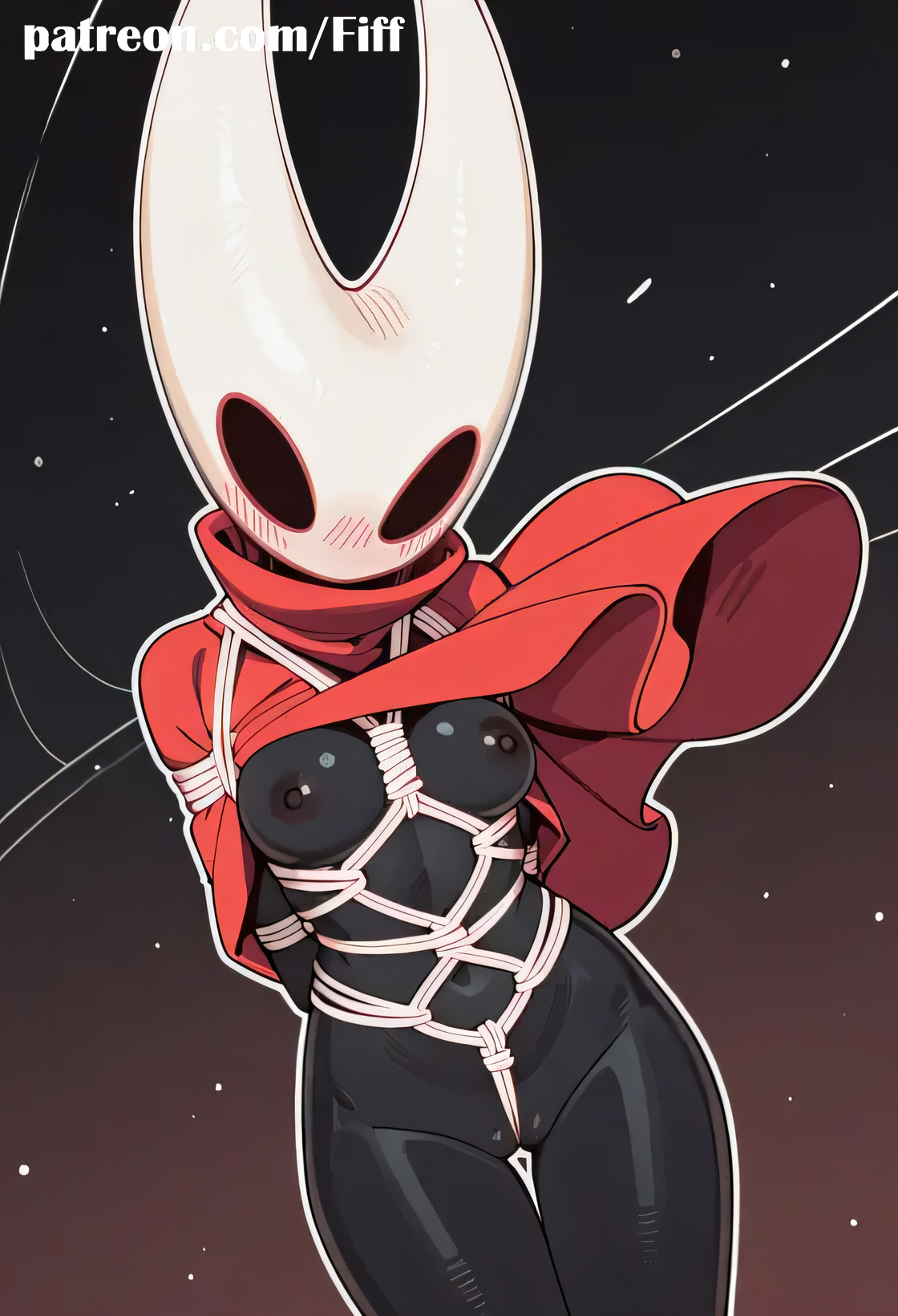 1girls, ai generated, ass, bondage, dripping, female, female only, fiff, from bottom to top, furry, furry female, furry only, highres, hollow knight, hollow knight: silksong, hornet (hollow knight), pov, presenting, presenting pussy, pussy, rope, showing off, showing pussy, small breasts, smiling, solo, stretching anus, sweat, tail