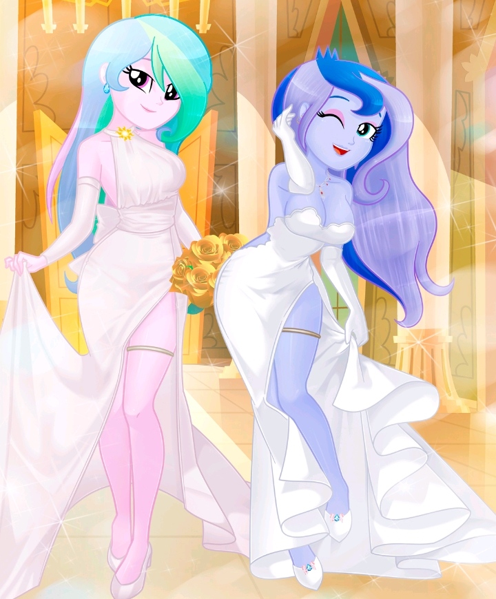 2girls blue_hair blue_skin bouquet bridal_gloves charliexe deviantart_link dress duo equestria_girls female female_only flower_bouquet flowers friendship_is_magic gold_background hand_on_hair hasbro heels high_heels legs long_hair looking_at_viewer multicolored_hair my_little_pony one_eye_closed pink_skin princess_celestia_(mlp) princess_luna_(mlp) principal_celestia sisters sleeveless_dress strapless_dress thighs two_tone_hair vice_principal_luna wedding wedding_dress white_clothing white_dress