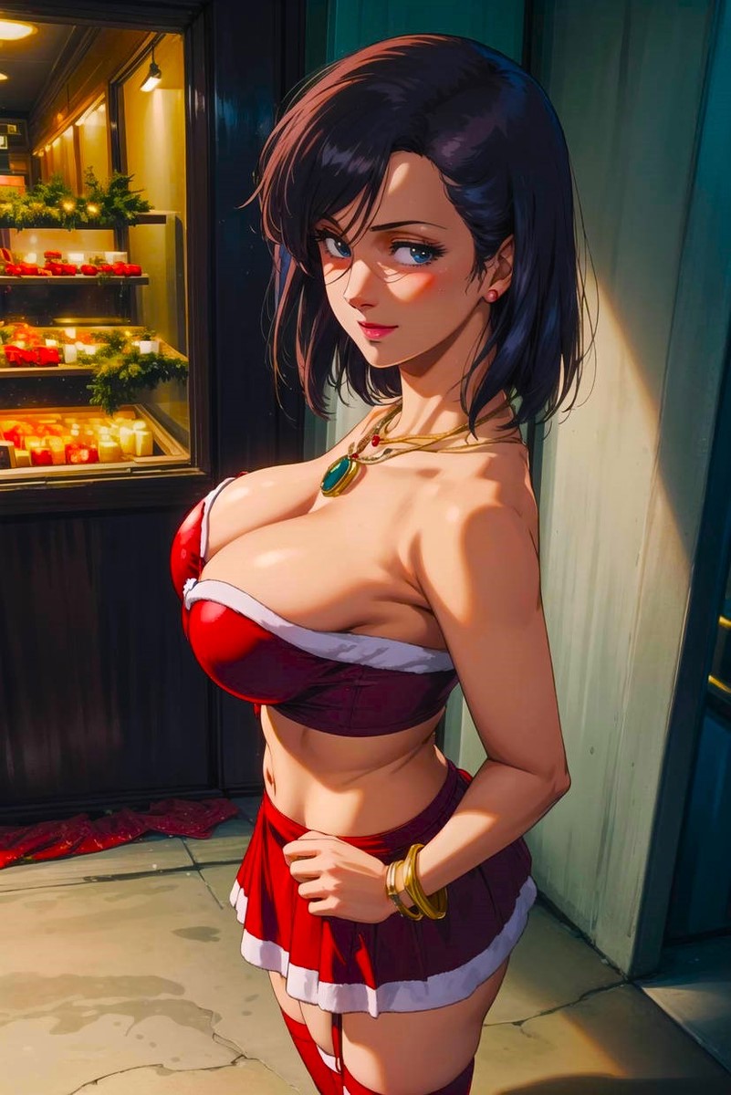 ai_generated anime beautiful beautiful_females blush bracelets christmas christmas_outfit city city_hunter cleavage female female_focus gold_jewelry happy large_breasts lips lipstick looking_at_viewer market midriff necklace night pink_lipstick saeko_nogami santa_costume seductive seductive_look sexually_suggestive sexy short_hair short_hair_female side_boob side_view skirt smiling_at_viewer stable_diffusion toongenai voluptuous voluptuous_female waifu_diffusion