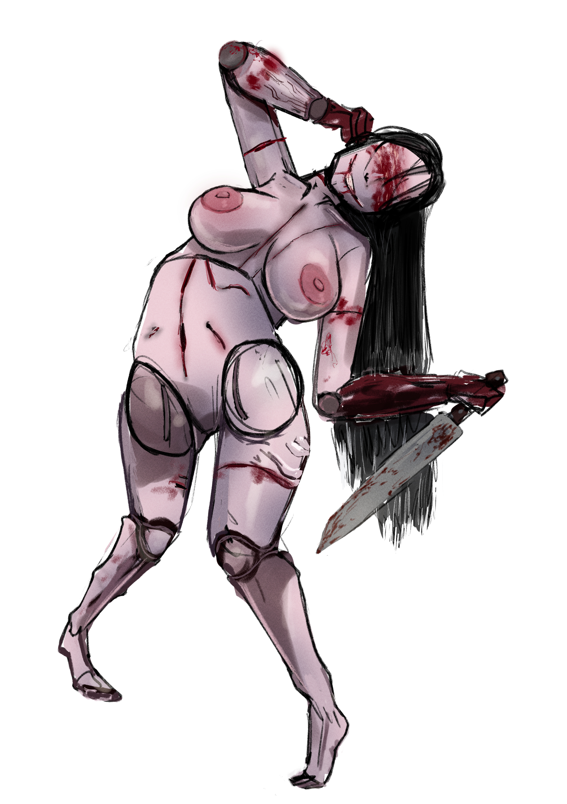 artist name, artist request, blood on face, blood on hand, blood stain, bloody knife, breasts, covered in blood, doll, doll girl, doll joints, female, female focus, female only, holding, holding knife, holding object, holding weapon, kashimashi (silent hill), large breasts, long hair, looking at viewer, monster, monster girl, nipples, no eyes, silent hill, silent hill f, smile, solo, solo female, solo focus, thick thighs, thighhighs, thighs, white background