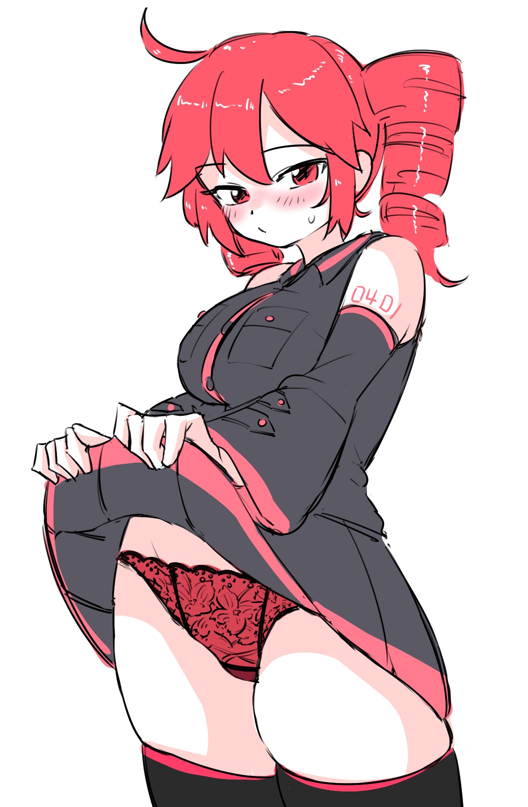 1girls, 2d, 2d (artwork), arm tattoo, big breasts, big thighs, blush, blush lines, breasts, clothed, clothed female, clothing, colored sketch, curvaceous, curvy, curvy female, curvy figure, detached sleeves, embarrassed, embarrassed female, female, female only, flashing, flashing panties, fully clothed, half-closed eyes, huge thighs, kasane teto, large breasts, large thighs, lifting skirt, lingerie, lingerie panties, looking at viewer, oshijuu748, panties, red eyes, red hair, seductive, seductive look, simple background, skirt, skirt lift, skirt lifted by self, solo, solo female, suggestive pose, sweat, sweating, tattoo, thick thighs, thigh squish, thighhighs, thighs, twin drills, utau, voluptuous, voluptuous female, white background, wide hips