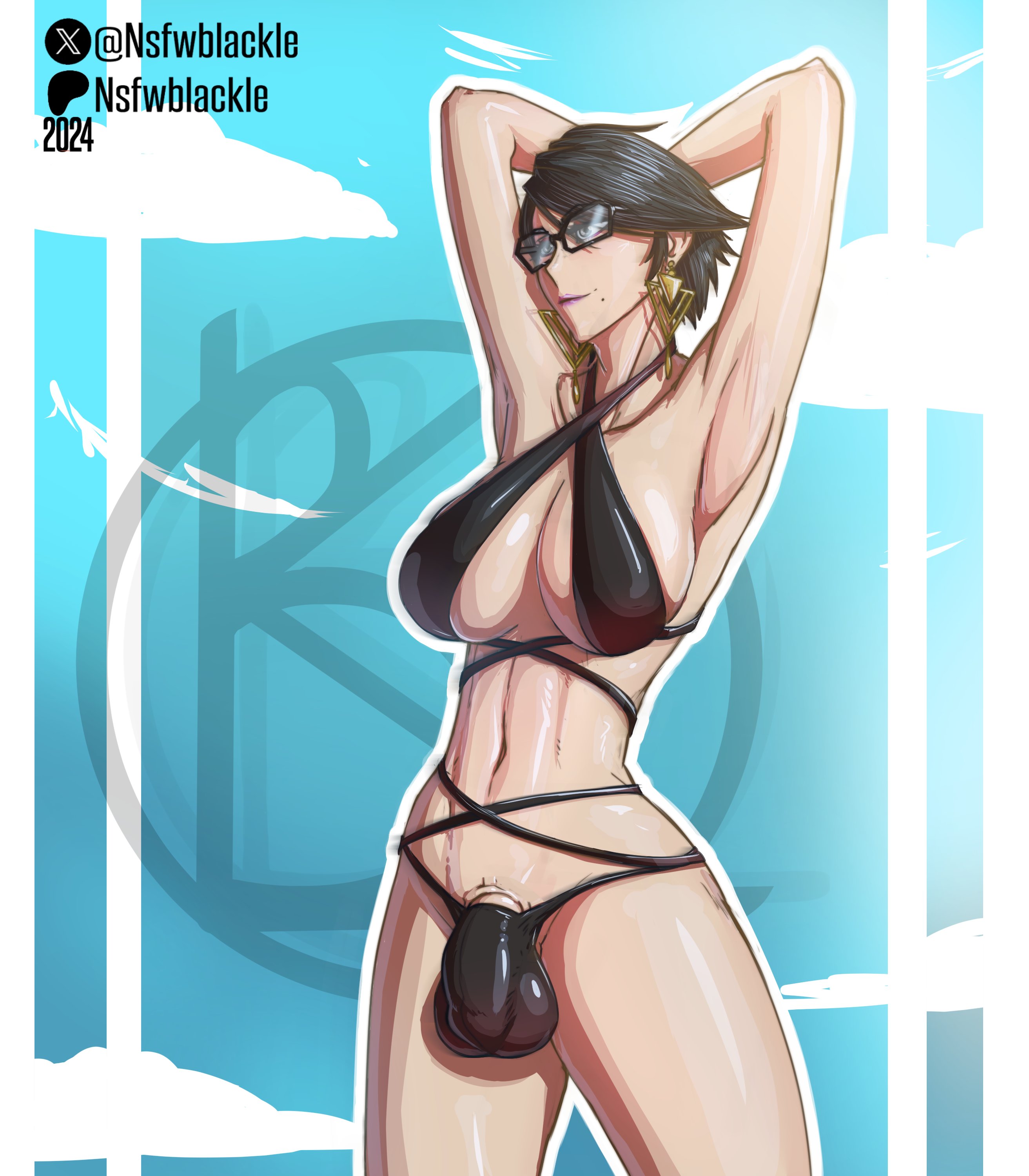 1futa, balls, bayonetta, bayonetta (character), bikini, black hair, breasts, bulge, bulge through clothing, clothed, clothing, futa only, futanari, glasses, human, intersex, light skin, light-skinned futa, mostly nude, nsfwblackle, penis, solo, standing, swimsuit