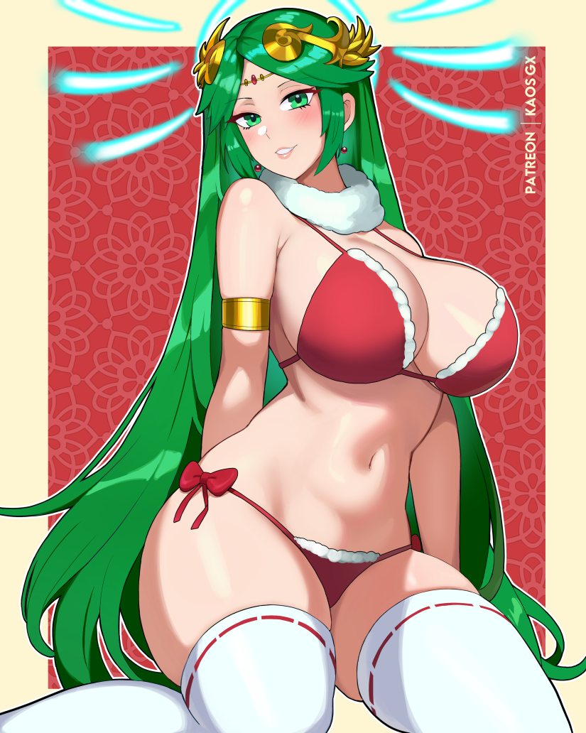 1girls armlet big_breasts bikini blush christmas green_eyes green_hair grin hair_ornament jewelry kaos_art kid_icarus long_hair looking_at_viewer navel nintendo palutena red_bikini santa_bikini simple_background smile stockings swimsuit thighs white_thighhighs