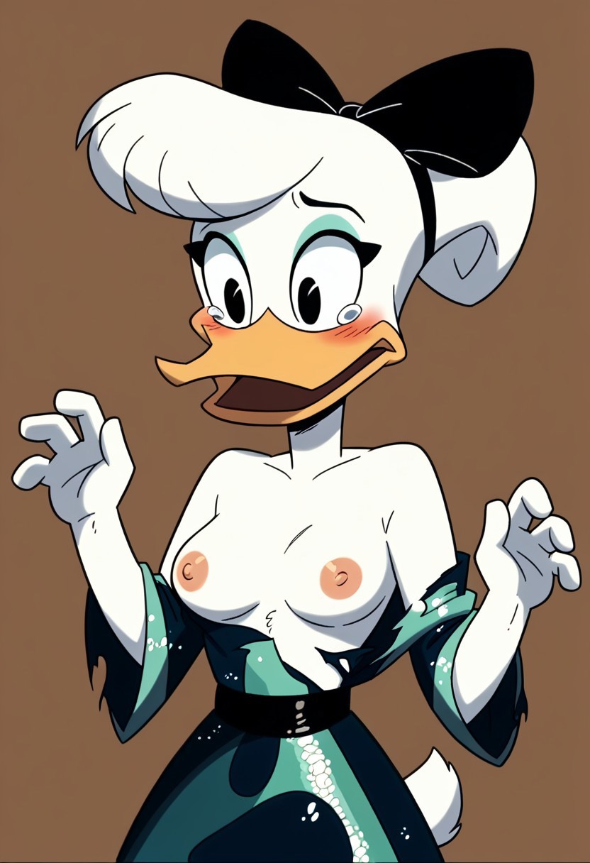 ai_generated blush daisy_duck ducktales_(2017) female female_only malfunction open_mouth suprised tearing_clothes tears torn_clothes wardrobe