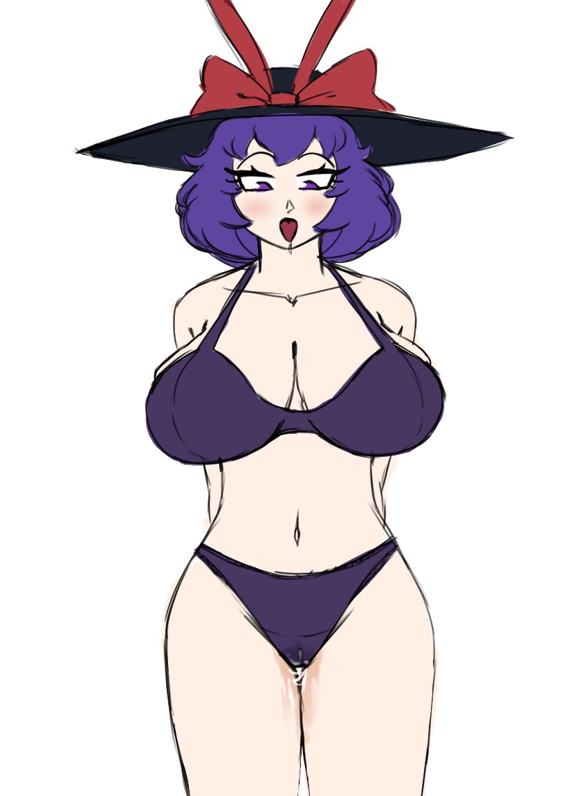 1girls 2022 big_breasts bikini black_bikini breasts drooling female hat horny horny_female iku_nagae large_breasts purple_eyes purple_hair solo spookoarts tongue_out touhou