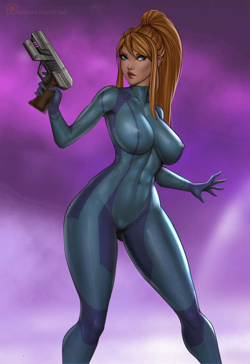 blonde_hair cameltoe freli fully_clothed going_commando gun metroid nintendo nipples_visible_through_clothing ponytail samus_aran tight_clothing