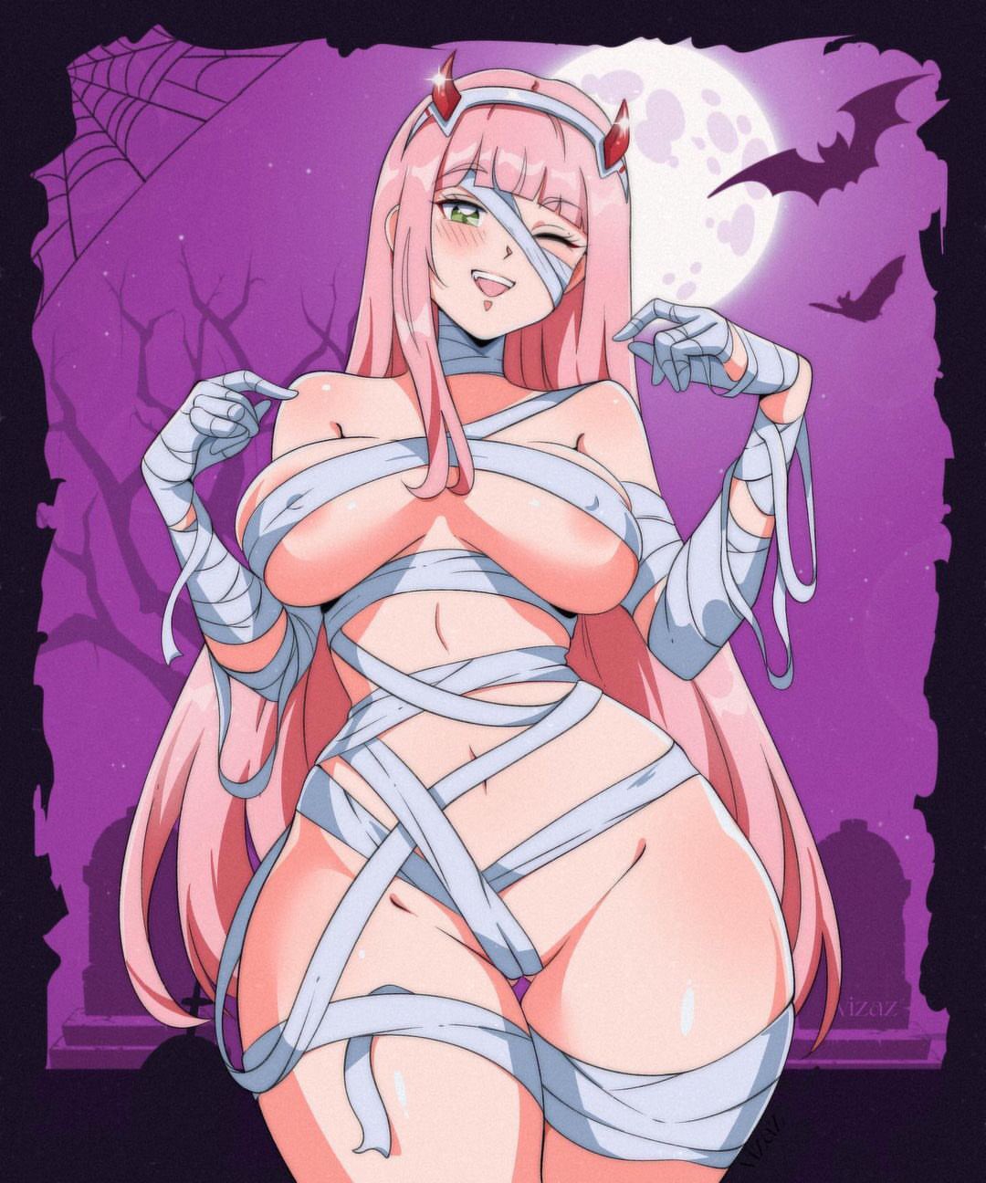 1girls areola_slip areolae big_breasts blush breasts darling_in_the_franxx female female_only green_eyes hair halloween halloween_costume hips horns long_hair mummy_costume mummy_wrappings one_eye_closed pink_hair smile solo solo_female thick_thighs thighs vizaz wide_hips wink winking wrappings zero_two_(darling_in_the_franxx)