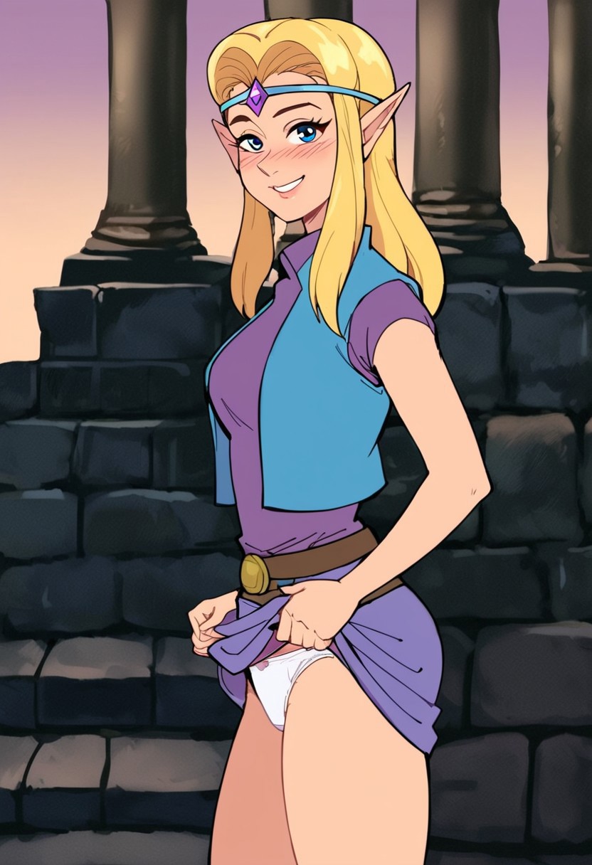 blonde_hair blue_eyes blush cd-i lifted lifted_by_self looking_at_viewer nintendo panties pointy_ears princess_zelda skirt skirt_lift the_legend_of_zelda the_legend_of_zelda_(cd-i) thighs underwear white_panties