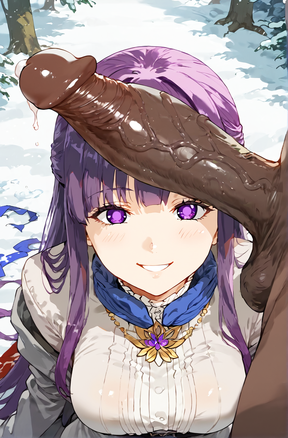 1boy 1girls ai_generated arm_up big_balls big_breasts big_breasts big_penis breasts clothing cock_on_face dark-skinned_male female fern_(sousou_no_frieren) frieren_beyond_journey's_end horny_female huge_cock interracial nipples ntrland pov purple_eyes purple_hair smile sousou_no_frieren vein veiny_penis watermark winter winter_clothes