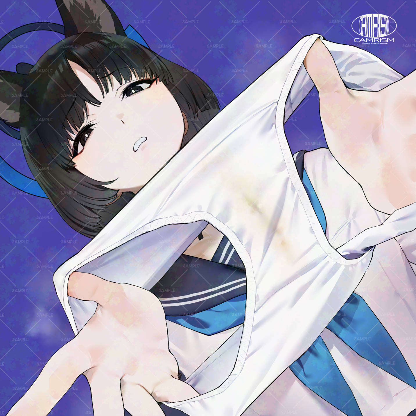 animal_ears black_eyes black_hair black_nails blue_archive blunt_bangs book cat's_cradle cat_ears cat_girl comiket_105 crotch_seam female highres holding holding_panties holding_underwear holding_unworn_clothes kikyou_(blue_archive) kitou_sakeru panties pee_stain presenting_removed_panties school_uniform smell stained_panties underwear