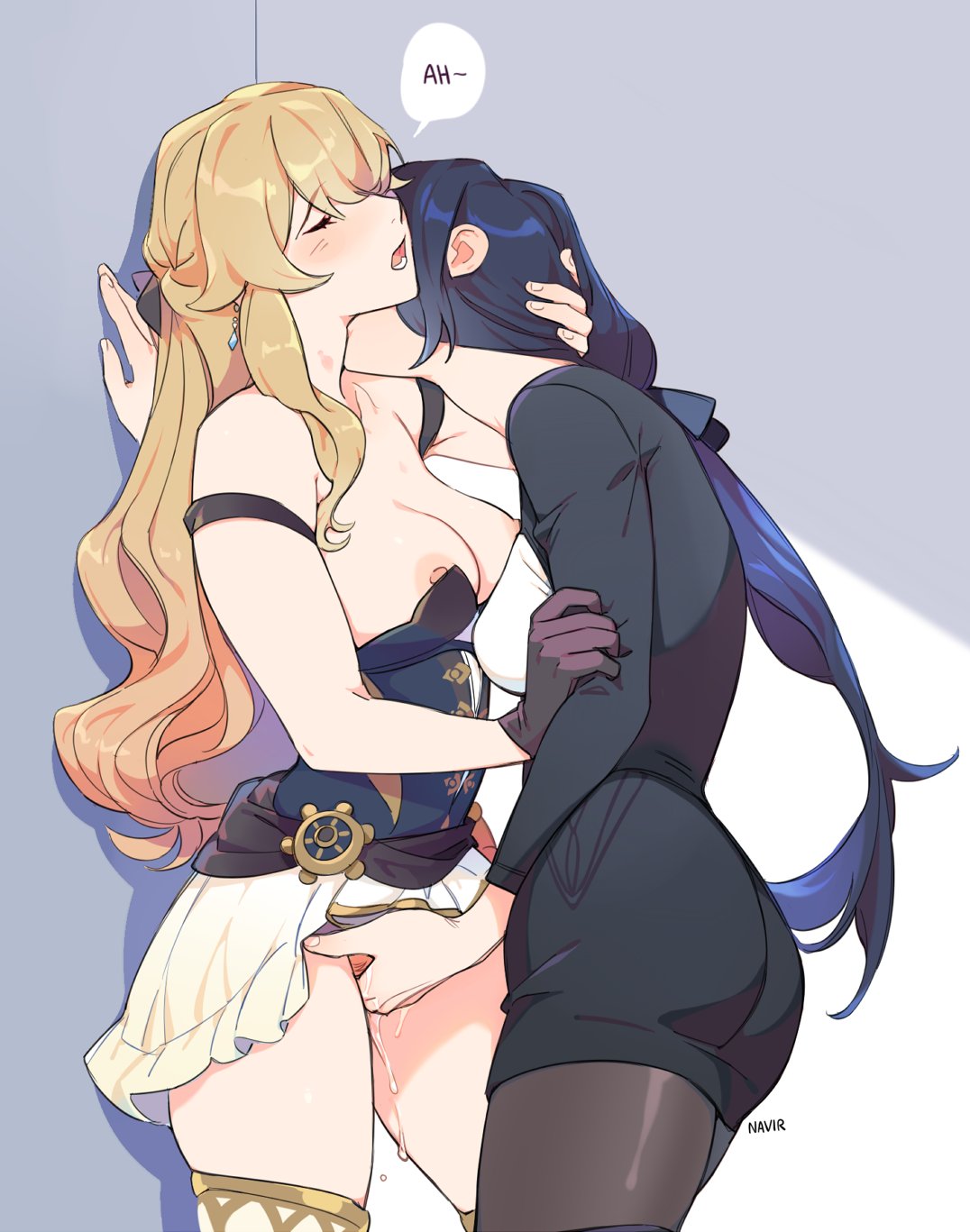 2girls black_jacket black_pantyhose black_shorts blonde_hair breasts clorinde_(genshin_impact) closed_eyes commentary earrings english_commentary english_text fingering genshin_impact gloves hand_in_another's_hair hand_on_another's_arm highres jacket jewelry kissing kissing_neck large_breasts long_hair multiple_girls natural_virtue navia_(genshin_impact) nipple_slip nipples open_mouth panties panties_under_pantyhose pantyhose purple_gloves purple_hair pussy_juice shorts skirt speech_bubble thighhighs underwear vaginal_penetration white_skirt yuri