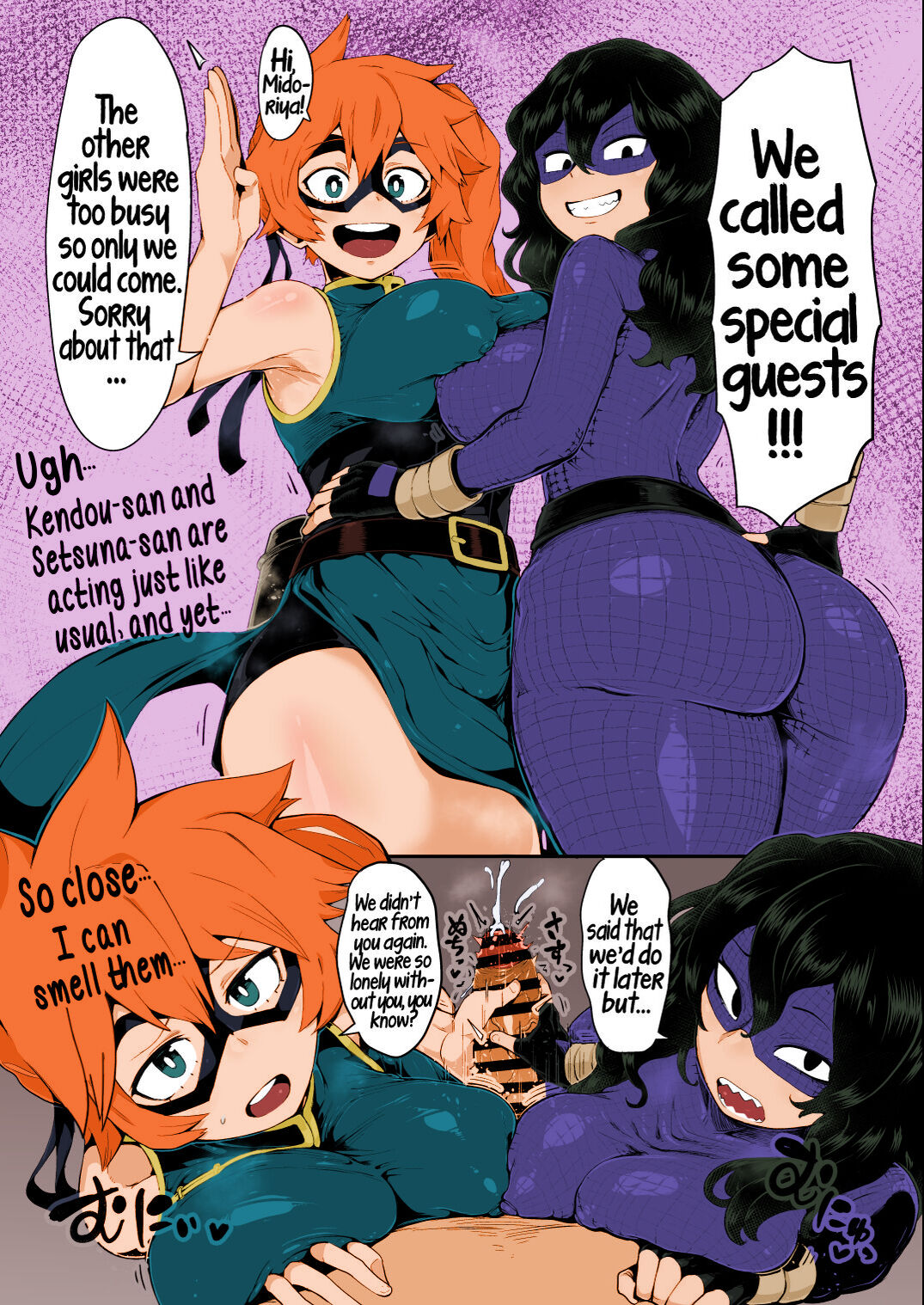 2d 2girls 2girls1boy ass_showing belt big_penis boob_squish boobs_and_butt_pose breast_against_breast breast_bulge breast_press breast_press_on_chest censored_penis color cumming cumshot dark_hair deku dialogue double_chest_press double_handjob doujin doujinshi giant_ass giant_breasts gloves green_eyes green_hair hand_on_hip hand_under_breasts hands_on_chest headband huge_ass huge_breasts huge_butt huge_cock itsuka_kendou large_thighs looking_at_viewer midoriya_izuku mind_alteration mind_control my_hero_academia nipples_bulge nipples_covered penis_twitch perfect_body perfect_legs perfect_thighs purple_mask purple_suit r-one raised_eyebrows red_tongue setsuna_tokage sharp_teeth smiling smiling_at_viewer teal_clothing tight_clothing tight_suit visible_nipples voluptuous voluptuous_ass voluptuous_breasts waving waving_at_viewer white_skin