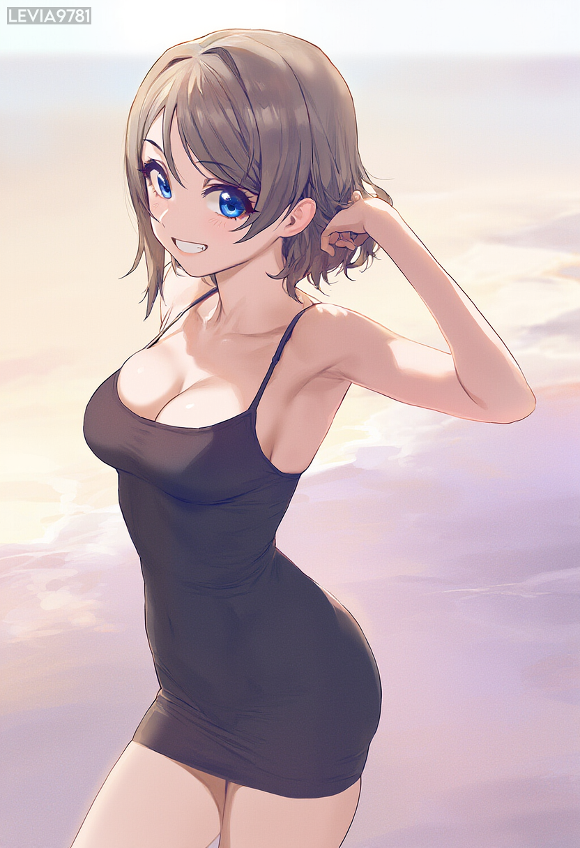 ai_generated blue_eyes brown_hair dress levia9781 love_live! love_live!_sunshine!! short_hair short_skirt tight_clothing watanabe_you