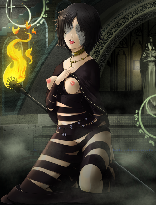 black_hair breasts breasts_out cape choker demon's_souls dress erect_nipples feccso female fire fromsoftware jewelry kneeling maiden_in_black necklace nipples no_eyes open_mouth pointy_chin short_hair solo staff stairs statue tongue