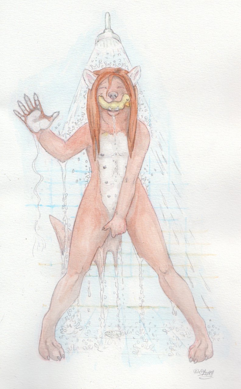 2011 anthro bowmanswolf breasts brown_hair canine closed_eyes female florence_ambrose freefall_(webcomic) fur furry hair masturbation multi_breast rubber_duck shower solo wet windpaw