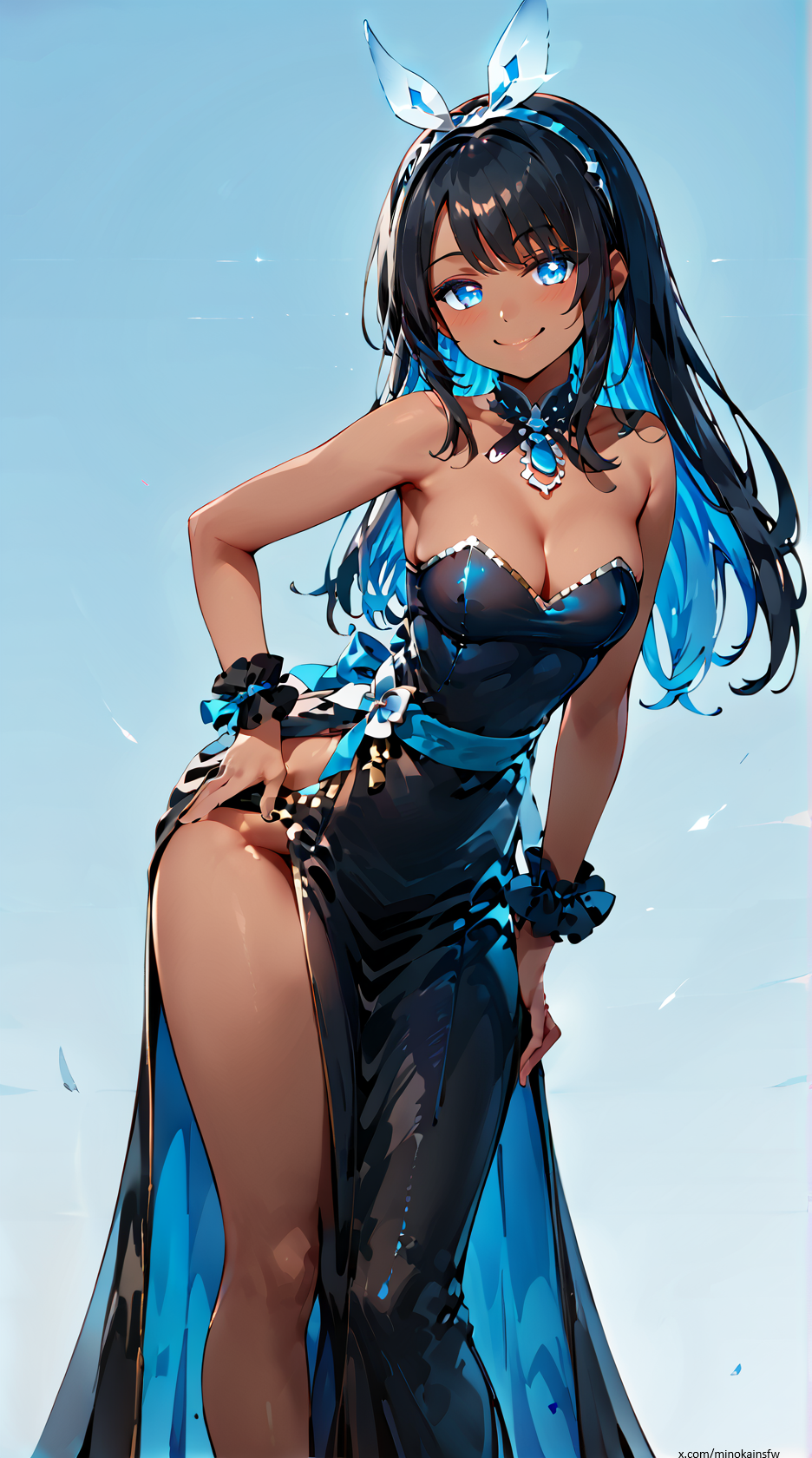 ai_generated cleavage female hand_on_hip head_band long_dress long_skirt minokai multicolored_skirt original_character