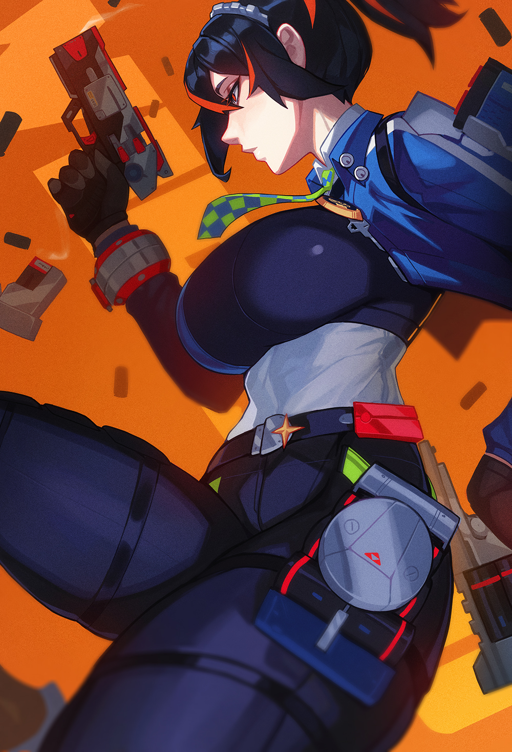 1girls, big breasts, black hair, breasts, clothed, clothing, cool af, female, female only, gun, handgun, hi res, holding weapon, qt0ri, red eyes, red highlights, side view, solo, zenless zone zero, zhu yuan