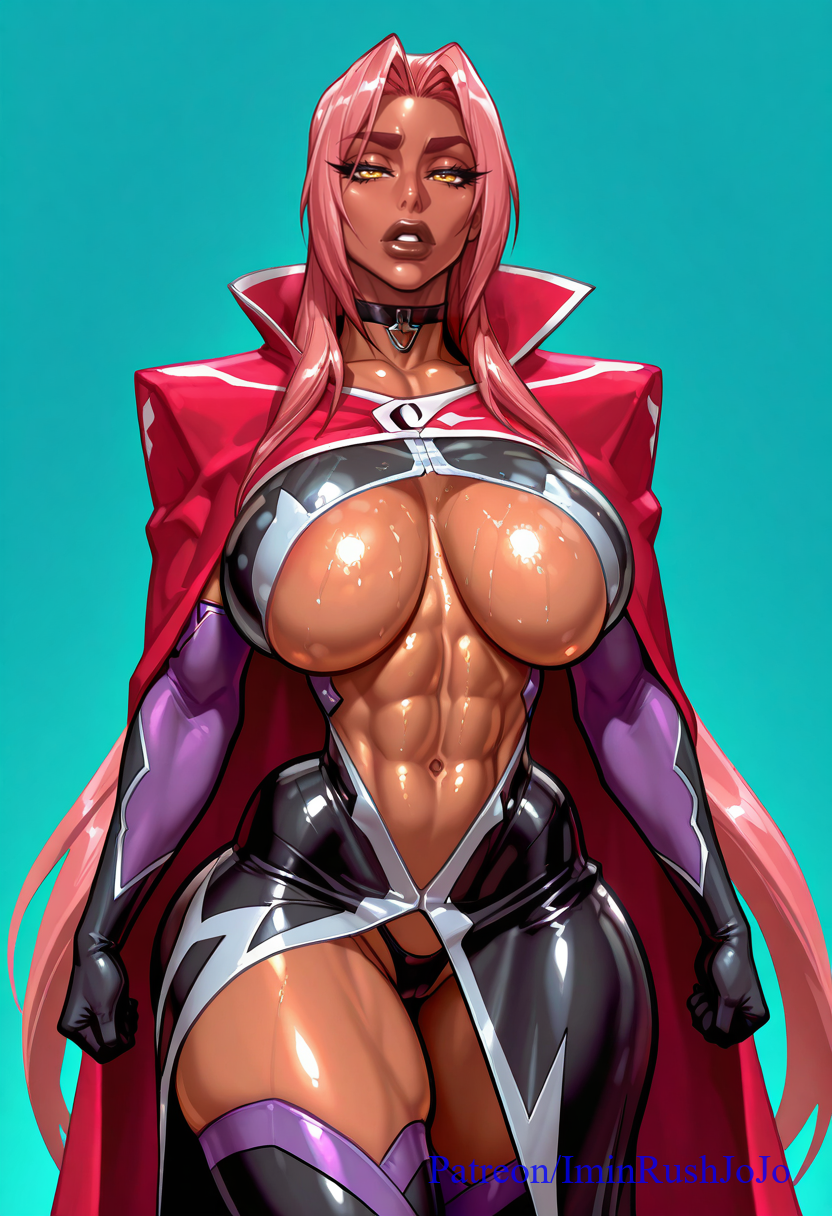 ai generated, beautiful, big ass, big breasts, bimbo, breasts, cape, facing viewer, female, ingrid (taimanin asagi), ingrid (taimanin murasaki), looking at viewer, perfect body, pink hair, standing, underboob, walking, yellow eyes